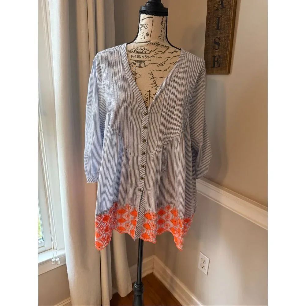 Roberta Roller Rabbit Women's Striped Button Front Tunic Top Blue White Medium
